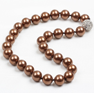 14mm Coffee Color Round Sea Shell Beaded Necklace with Magnetic Clasp