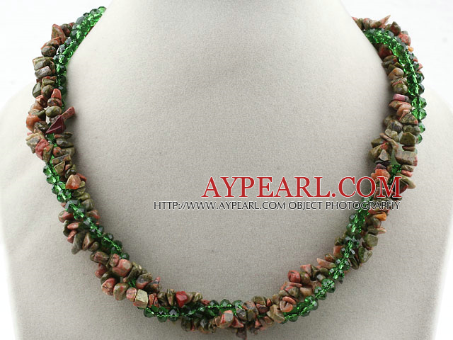 Multi Strands Green Piebald Stone and Green Crystal Necklace