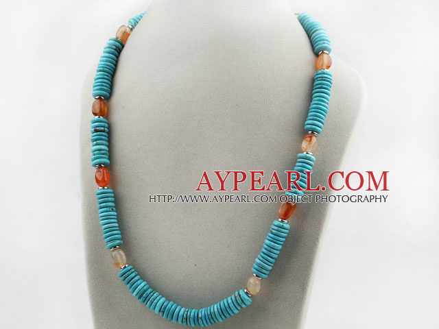 Turquoise σχήμα δίσκου και Agate κολιέ με μεταλλικά εξαρτήματα και S σχήμα καρφίτσα