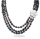 Three Strands 8-9mm Black Baroque Pearl Necklace with White Shell Flower Clasp