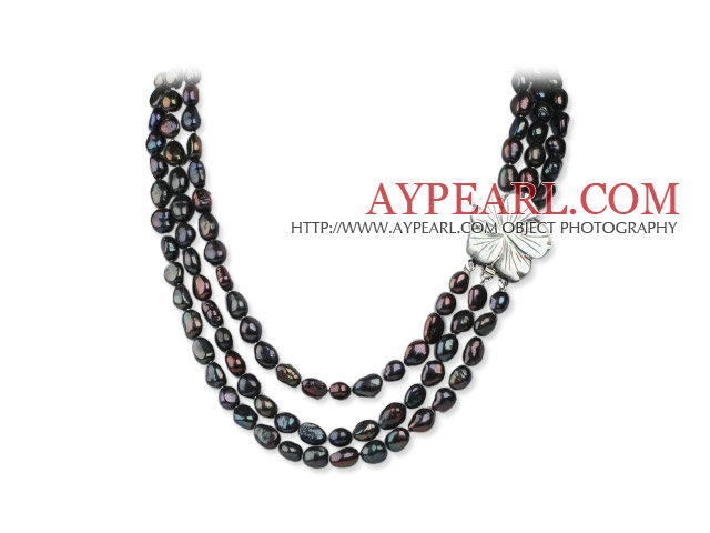 Three Strands 8-9mm Black Baroque Pearl Necklace with White Shell Flower Clasp