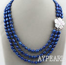 Three Strands 8-9mm Dark Blue Baroque Pearl Necklace with White Shell Flower Clasp