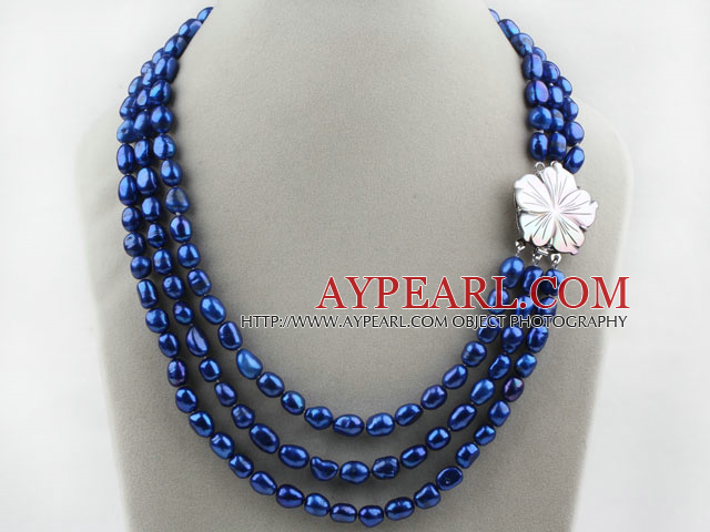 Trois brins 8-9mm Bleu foncé baroque collier de perles avec fermoir fleur blanche Shell