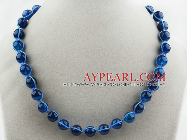 Fashion Style Round 10mm Blue Agate Beaded Woven Drawstring Necklace