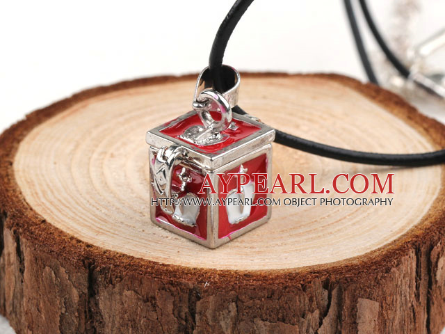 Fashion Style Red Color Square Shape Wish Box Metal Pendant Necklace with Leather Thread