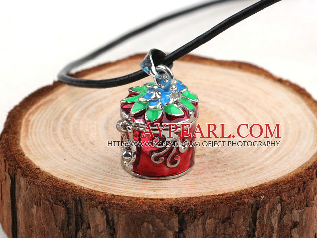 Fashion Style Red Color Cylinder Shape Wish Box Metal Pendant Necklace with Leather Thread