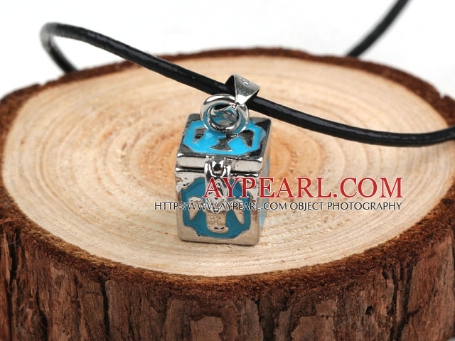 Fashion Style Blue Color Square Shape Wish Box Metal Pendant Necklace with Leather Thread