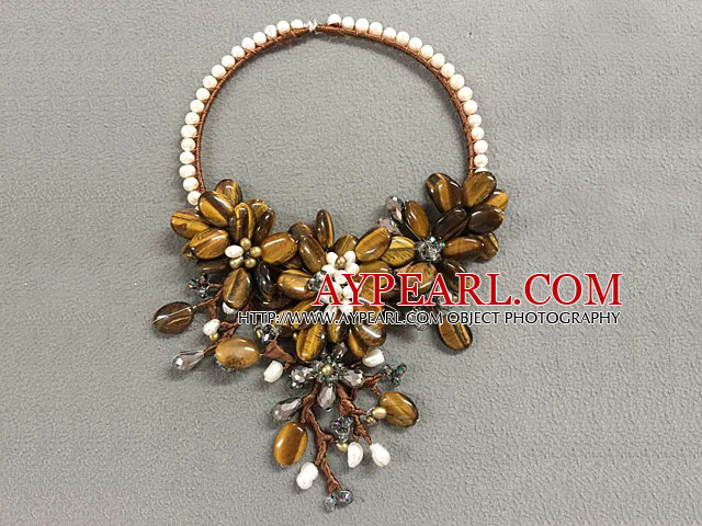 Collier fantastique Style Déclaration Naturel Blanc Perle Cristal Tiger Eye Pierre Parti Fleur