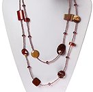 Long Style Red Jasper and Silver Leaf Agate and Crystal Necklace
