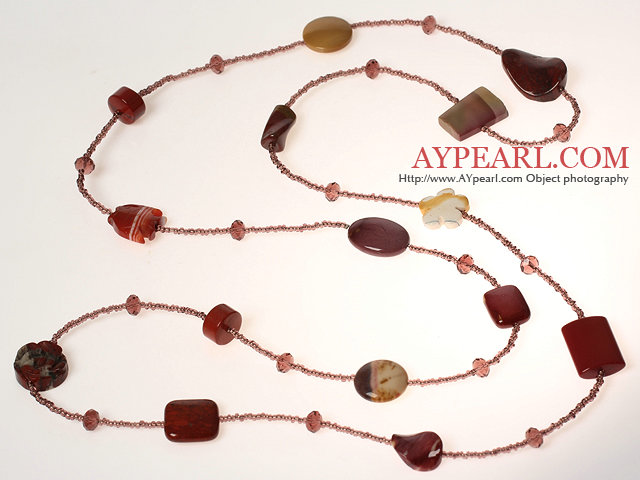 Long Style Red Jasper and Silver Leaf Agate and Crystal Necklace