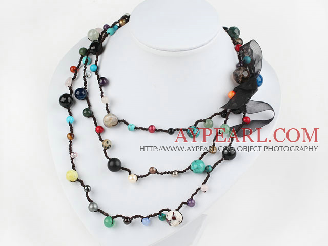 Lang stil Assorted Multi Color Stone tråden Necklace (kan også være armbånd)