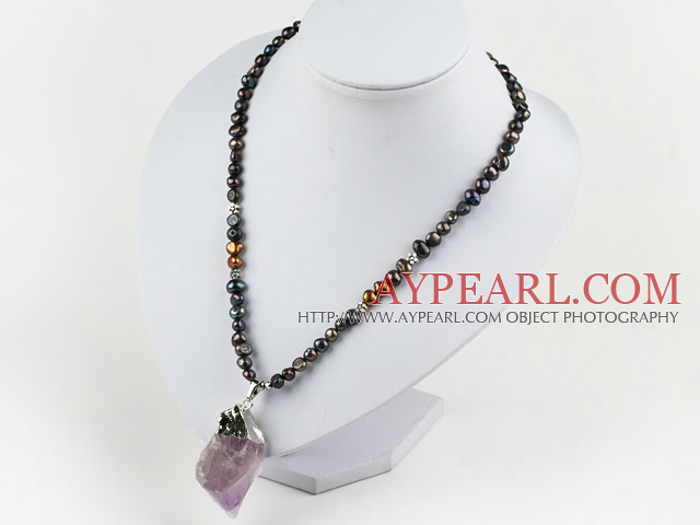 Black Freshwater Pearl Necklace with Big Amethyst Pendant Necklace