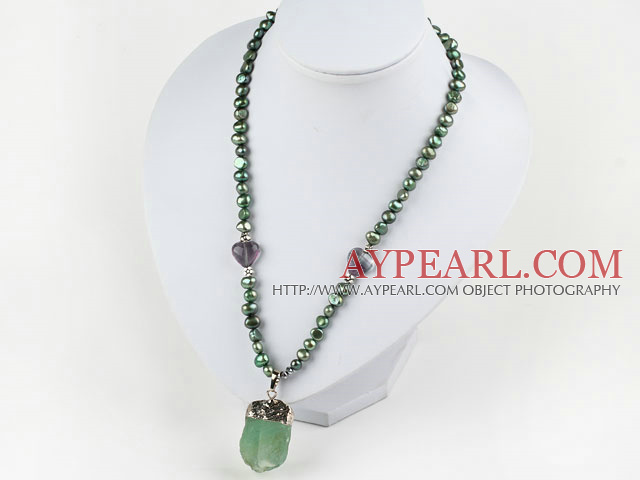 Green Series Green Freshwater Pearl Necklace with Big Fluorite Stone Pendant