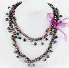 Long Style Black Freshwater Pearl and Clear Crystal Necklace with Brown Cord ( Can also be Bracelet )
