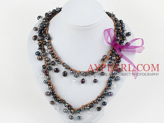 Long Style Black Freshwater Pearl and Clear Crystal Necklace with Brown Cord ( Can also be Bracelet )