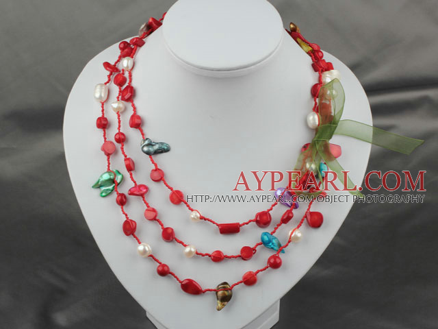 Long Style Assorted Red Coral and Pearl Thread Necklace ( can also be bracelet )