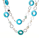 Beautiful Long Style Round White Pearl Blue Spider and Amazon Stone Necklace