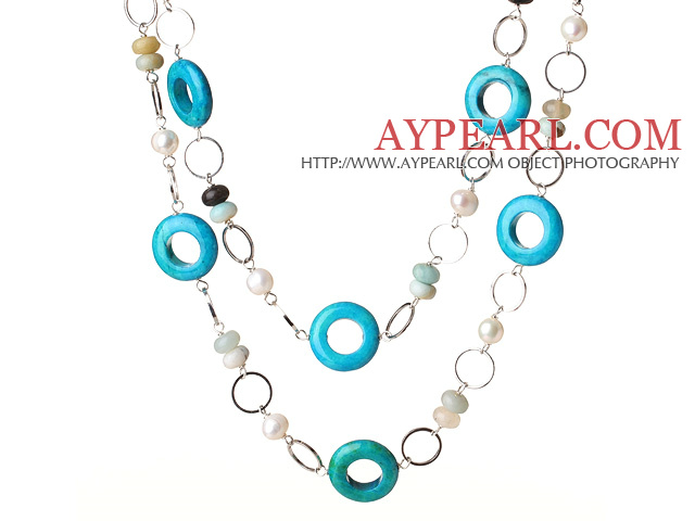 Beautiful Long Style Round White Pearl Blue Spider and Amazon Stone Necklace