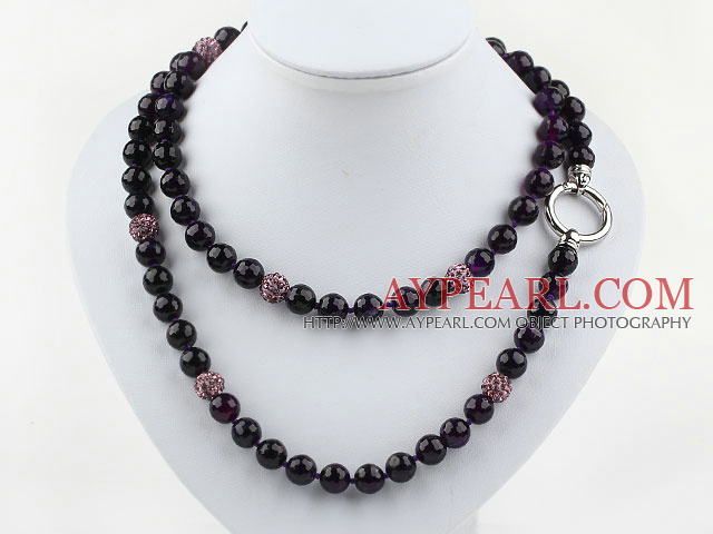 Lång stil 10mm Runda Fasett Lila Agat pärlstav halsband med purpurfärgad STRASS Pärlor