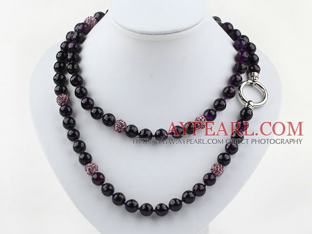 Long Style 10 χιλιοστά του Γύρου πολύπλευρη Purple Agate Beaded κολιέ με χάντρες Purple Rhinestone