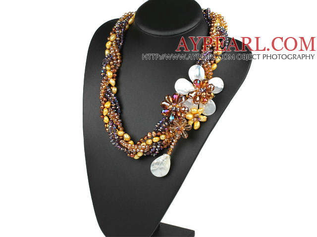 Κομψό και Big Style Brown Σειρά Περλ Crystal και Shell Λευκό Λουλούδι Κόμματος κολιέ