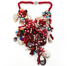 Elegant and Big Style Red Coral and Multi Color Shell Flower Party Necklace
