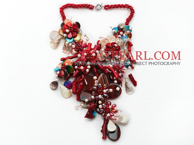 Elegant och Big Style Red Coral och Multi Color Shell blomma Party halsband