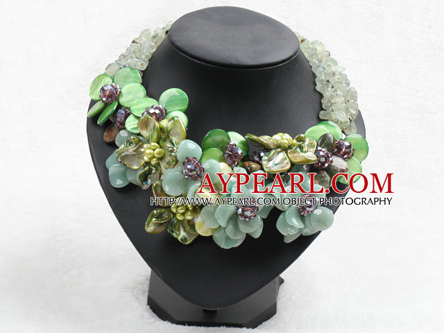 Elegant och Big Style Serpentine Jade och citron Stone och Agate och Pearl Shell och Prehnite Flower Party halsband