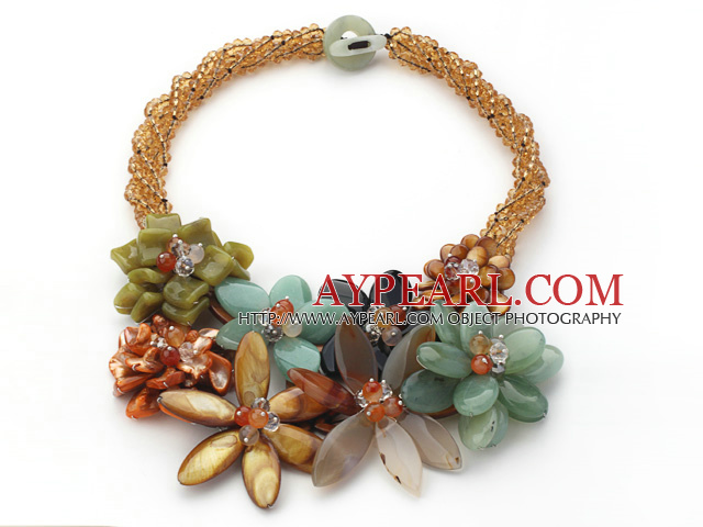 Elegant och Big Style Brun kristall och Agate och Serpentine Jade Flower Party halsband