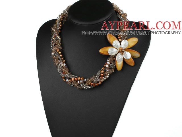 Multi Strands Brun serien Pearl Crystal och Shell Flower halsband