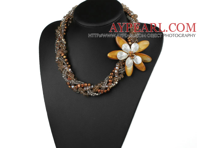 Multi Strands Brown Series Pearl Crystal og Shell Flower halskjede