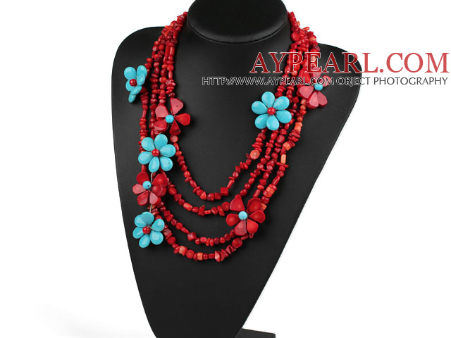 Multi Strands Red Series Red Coral and Turquoise Flower Party Necklace