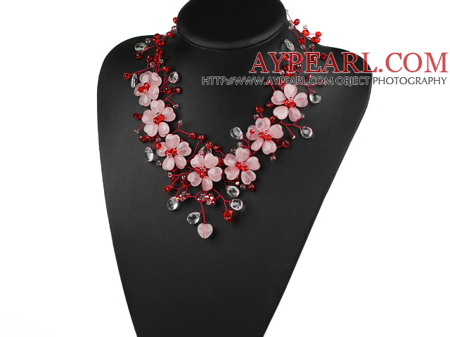 Elegant and Big Style Pink Series Rose Quartz and Red and Clear Crystal Party Necklace