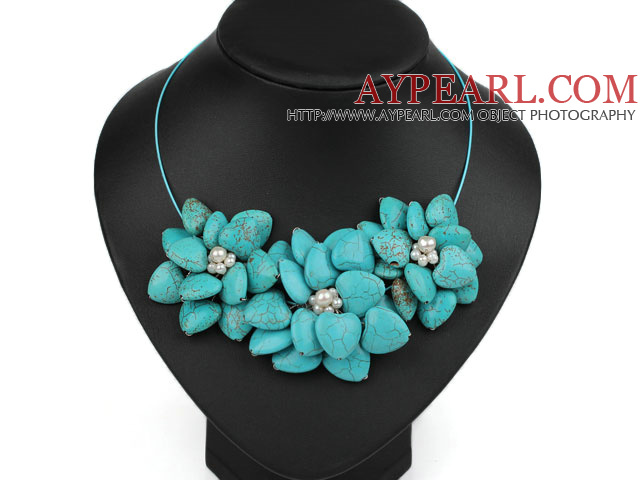 White Freshwater Pearl and Turquoise Flower Party Necklace