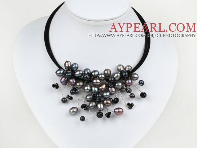 Black Pearl and Black Crystal Flower Choker Necklace