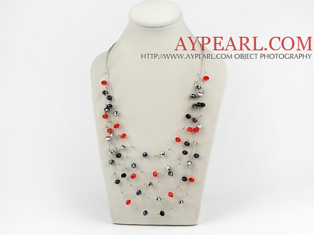 Mulit Layer rød og svart og grå Crystal halskjede med ståltråd