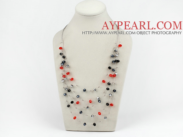 Mulit Layer Red and Black and Gray Crystal Necklace with Steel Wire