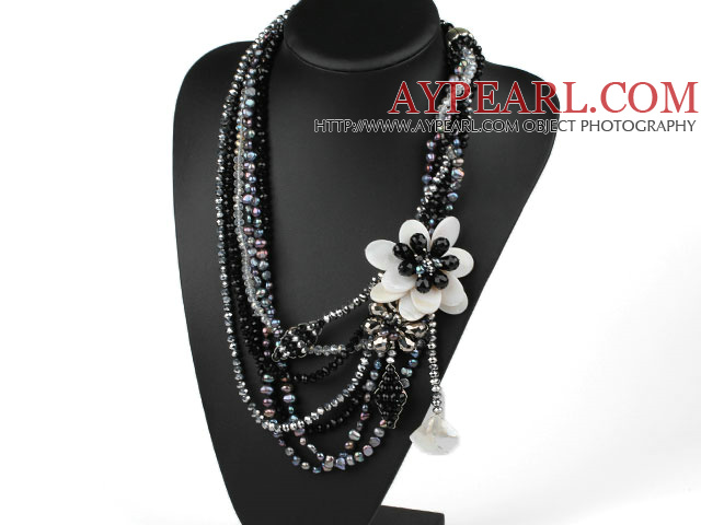 Big Style Multi Strands Black Series Black and Clear Crystal and White Shell Flower Party Necklace