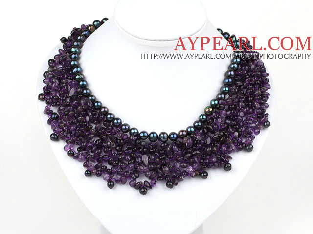 Elegant og Big stil Amethyst og Black Pearl weaved Fet partiet Necklace