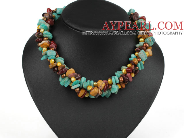 Multi Strands Yellow Pearl and Amazon Stone and Silver Leaf Agate Necklace