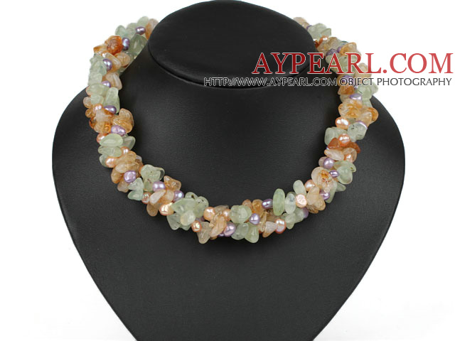 Multi Strands Violet Pearl och Citrin och Prehnite Halsband