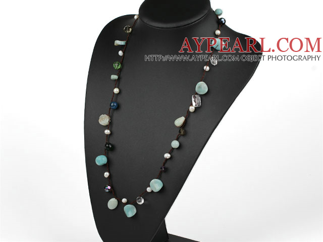 Green Series White Freshwater Pearl and Amazon Stone and Crystal Necklace