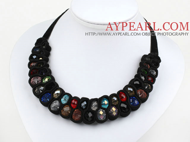 Fashion Style Multi Color Crystal and Black Velvet Ribbon Woven Bib Necklace