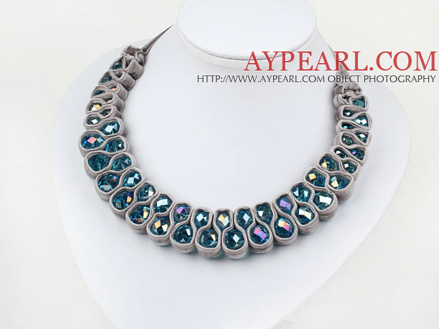 Fashion Style Lake Blue Crystal and Gray Velvet Ribbon Woven Bib Necklace