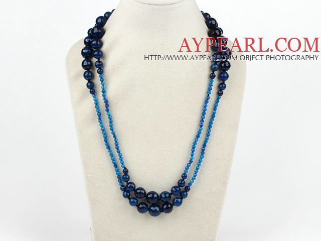 Long Style Faceted Round Blue Agate Graduated Necklace ( No Clasp )