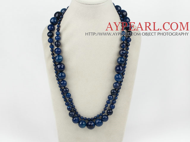 Long Style Faceted Round Blue Agate Graduataed Necklace ( No Clasp )