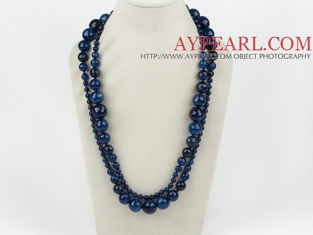 Longue Rond Style à facettes Collier Agate Bleue Graduataed (Pas de fermoir)