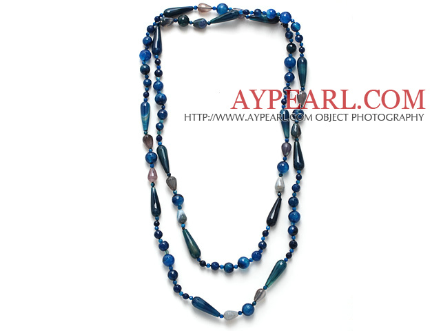 Long Style Assorted Multi Shape Faceted Blue Agate Necklace