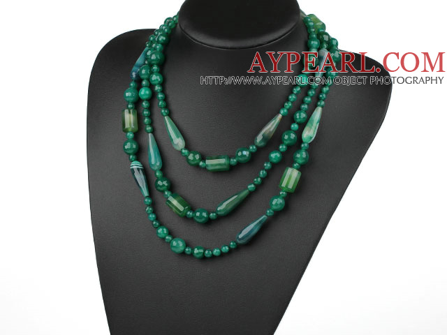Long Style Assorted Multi Shape Faceted Green Agate Necklace