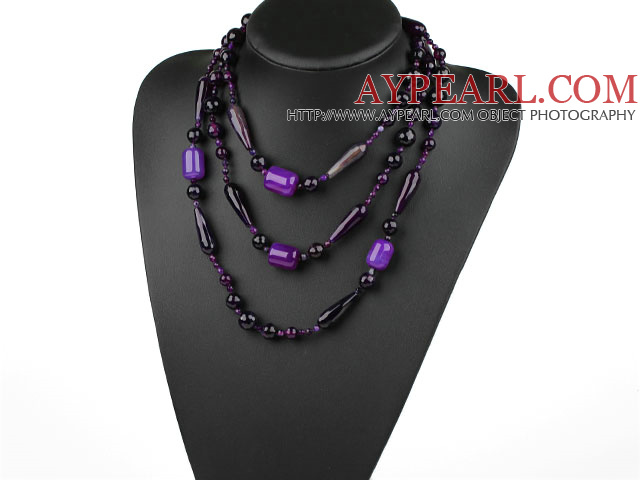 Long Style Assorted Multi Shape Faceted Purple Agate Necklace